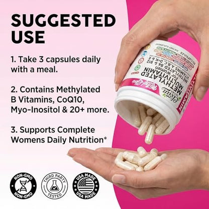 Methylierte Multivitamine für Frauen – Vitamine B6, B12, A, B, C, D, K, E, Folsäure, Cholin, Omega-3, Thiamin, Riboflavin, Eisen, Jod, Magnesium, Zink, Selen, Kupfer, Calcium – 90 Kapseln von Clean Nutra