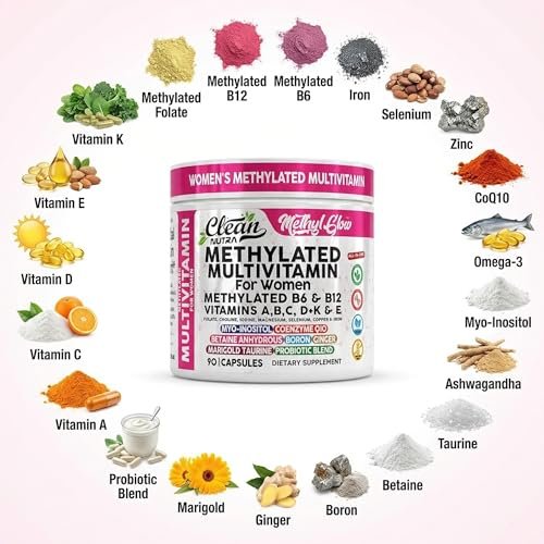 Methylierte Multivitamine für Frauen – Vitamine B6, B12, A, B, C, D, K, E, Folsäure, Cholin, Omega-3, Thiamin, Riboflavin, Eisen, Jod, Magnesium, Zink, Selen, Kupfer, Calcium – 90 Kapseln von Clean Nutra