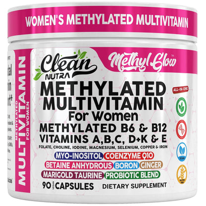 Methylierte Multivitamine für Frauen – Vitamine B6, B12, A, B, C, D, K, E, Folsäure, Cholin, Omega-3, Thiamin, Riboflavin, Eisen, Jod, Magnesium, Zink, Selen, Kupfer, Calcium – 90 Kapseln von Clean Nutra