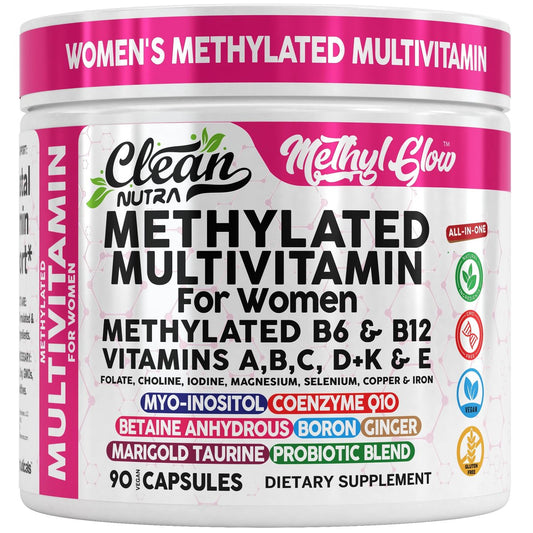 Methylierte Multivitamine für Frauen – Vitamine B6, B12, A, B, C, D, K, E, Folsäure, Cholin, Omega-3, Thiamin, Riboflavin, Eisen, Jod, Magnesium, Zink, Selen, Kupfer, Calcium – 90 Kapseln von Clean Nutra