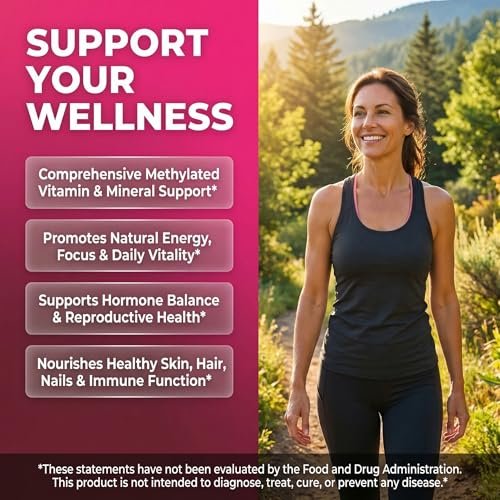 Methylierte Multivitamine für Frauen – Vitamine B6, B12, A, B, C, D, K, E, Folsäure, Cholin, Omega-3, Thiamin, Riboflavin, Eisen, Jod, Magnesium, Zink, Selen, Kupfer, Calcium – 90 Kapseln von Clean Nutra