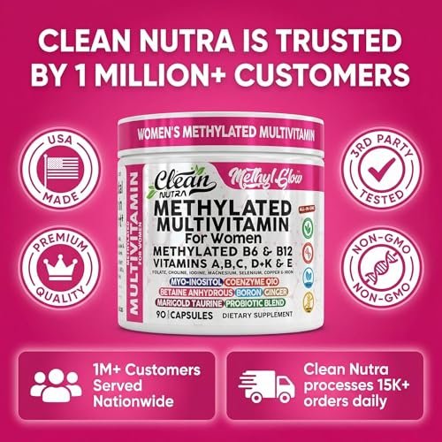Methylierte Multivitamine für Frauen – Vitamine B6, B12, A, B, C, D, K, E, Folsäure, Cholin, Omega-3, Thiamin, Riboflavin, Eisen, Jod, Magnesium, Zink, Selen, Kupfer, Calcium – 90 Kapseln von Clean Nutra
