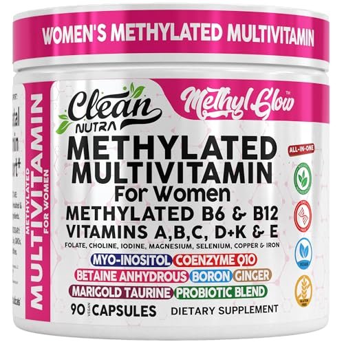 Methylierte Multivitamine für Frauen – Vitamine B6, B12, A, B, C, D, K, E, Folsäure, Cholin, Omega-3, Thiamin, Riboflavin, Eisen, Jod, Magnesium, Zink, Selen, Kupfer, Calcium – 90 Kapseln von Clean Nutra