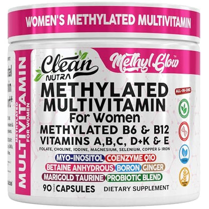 Methylierte Multivitamine für Frauen – Vitamine B6, B12, A, B, C, D, K, E, Folsäure, Cholin, Omega-3, Thiamin, Riboflavin, Eisen, Jod, Magnesium, Zink, Selen, Kupfer, Calcium – 90 Kapseln von Clean Nutra