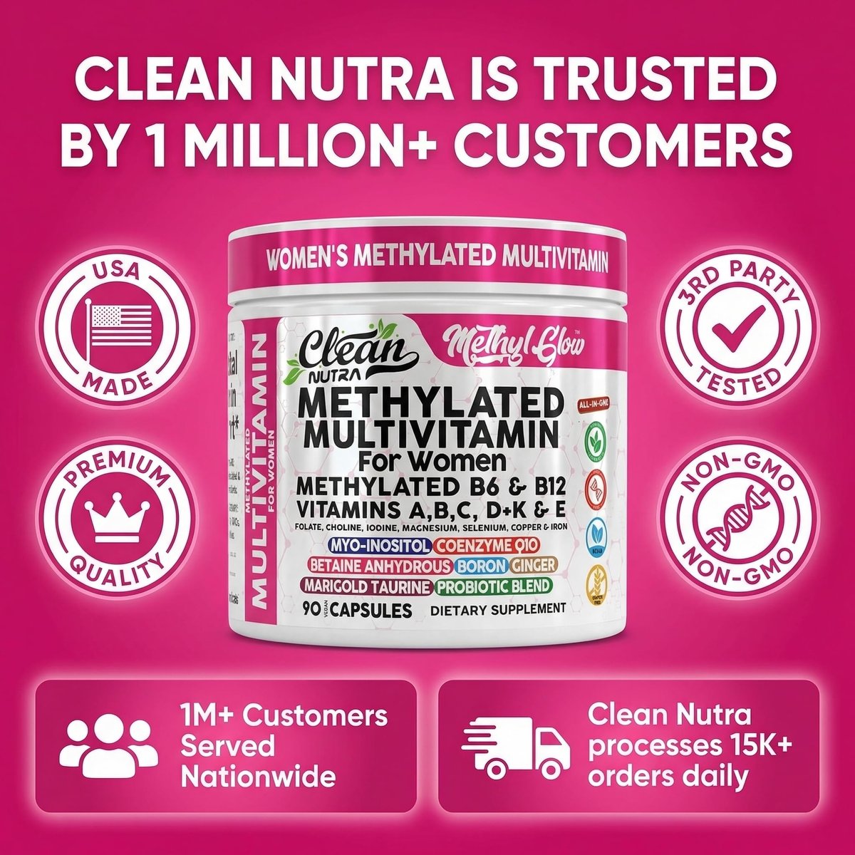Methylierte Multivitamine für Frauen – Vitamine B6, B12, A, B, C, D, K, E, Folsäure, Cholin, Omega-3, Thiamin, Riboflavin, Eisen, Jod, Magnesium, Zink, Selen, Kupfer, Calcium – 90 Kapseln von Clean Nutra