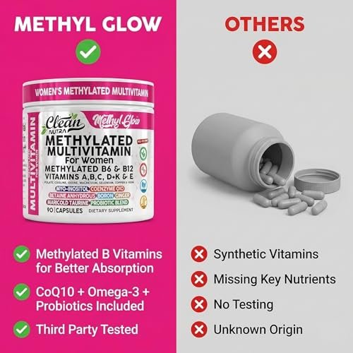 Methylierte Multivitamine für Frauen – Vitamine B6, B12, A, B, C, D, K, E, Folsäure, Cholin, Omega-3, Thiamin, Riboflavin, Eisen, Jod, Magnesium, Zink, Selen, Kupfer, Calcium – 90 Kapseln von Clean Nutra
