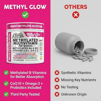 Methylierte Multivitamine für Frauen – Vitamine B6, B12, A, B, C, D, K, E, Folsäure, Cholin, Omega-3, Thiamin, Riboflavin, Eisen, Jod, Magnesium, Zink, Selen, Kupfer, Calcium – 90 Kapseln von Clean Nutra