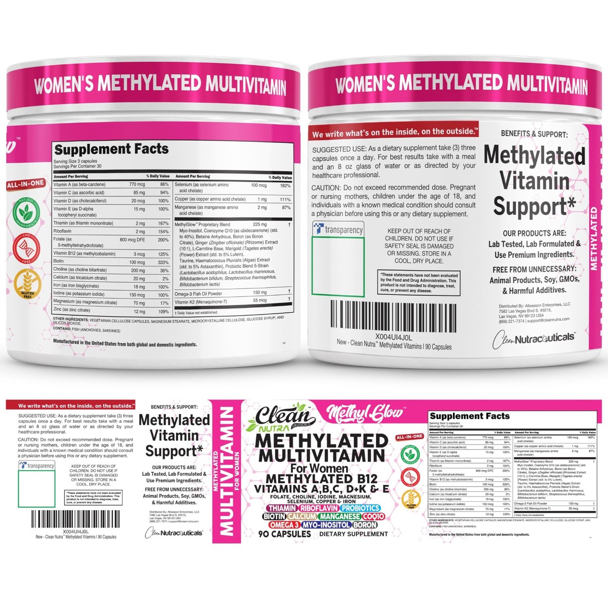 Methylierte Multivitamine für Frauen – Vitamine B6, B12, A, B, C, D, K, E, Folsäure, Cholin, Omega-3, Thiamin, Riboflavin, Eisen, Jod, Magnesium, Zink, Selen, Kupfer, Calcium – 90 Kapseln von Clean Nutra
