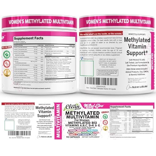 Methylierte Multivitamine für Frauen – Vitamine B6, B12, A, B, C, D, K, E, Folsäure, Cholin, Omega-3, Thiamin, Riboflavin, Eisen, Jod, Magnesium, Zink, Selen, Kupfer, Calcium – 90 Kapseln von Clean Nutra