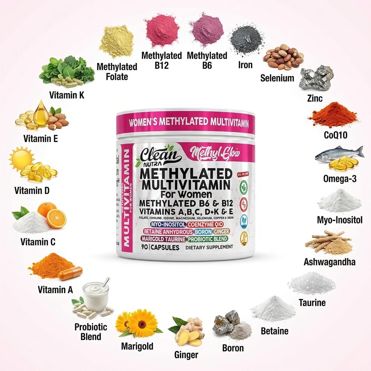 Methylierte Multivitamine für Frauen – Vitamine B6, B12, A, B, C, D, K, E, Folsäure, Cholin, Omega-3, Thiamin, Riboflavin, Eisen, Jod, Magnesium, Zink, Selen, Kupfer, Calcium – 90 Kapseln von Clean Nutra