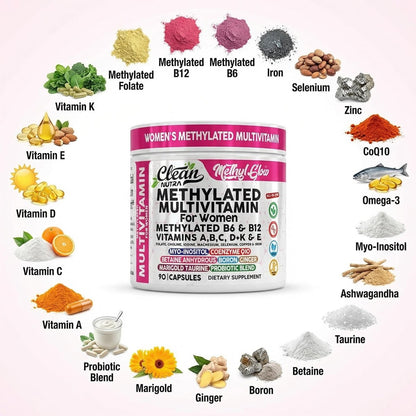 Methylierte Multivitamine für Frauen – Vitamine B6, B12, A, B, C, D, K, E, Folsäure, Cholin, Omega-3, Thiamin, Riboflavin, Eisen, Jod, Magnesium, Zink, Selen, Kupfer, Calcium – 90 Kapseln von Clean Nutra