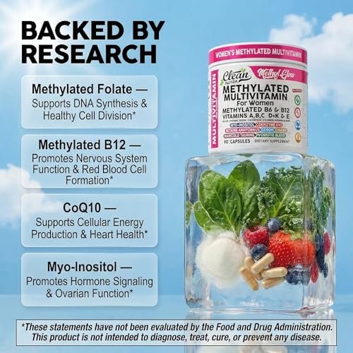 Methylierte Multivitamine für Frauen – Vitamine B6, B12, A, B, C, D, K, E, Folsäure, Cholin, Omega-3, Thiamin, Riboflavin, Eisen, Jod, Magnesium, Zink, Selen, Kupfer, Calcium – 90 Kapseln von Clean Nutra