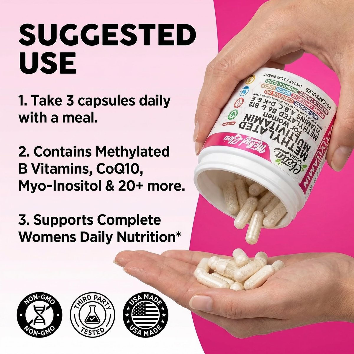 Methylierte Multivitamine für Frauen – Vitamine B6, B12, A, B, C, D, K, E, Folsäure, Cholin, Omega-3, Thiamin, Riboflavin, Eisen, Jod, Magnesium, Zink, Selen, Kupfer, Calcium – 90 Kapseln von Clean Nutra