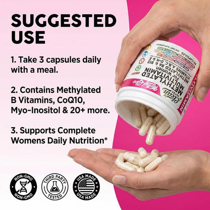 Methylierte Multivitamine für Frauen – Vitamine B6, B12, A, B, C, D, K, E, Folsäure, Cholin, Omega-3, Thiamin, Riboflavin, Eisen, Jod, Magnesium, Zink, Selen, Kupfer, Calcium – 90 Kapseln von Clean Nutra