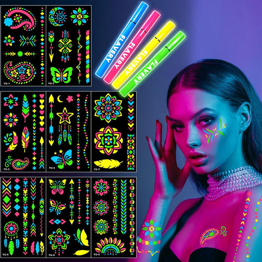 Im Dunkeln leuchtende Gesichtsfarbmarker, UV Neon Körperfarbe, 4 Farben + 57 Schablonen für Mandala Blumen Bohemia, wasserlöslich für Erwachsene, Teenager, Kinder – Partys, Nachtclubs, Geburtstage, Festivals, Neujahr
