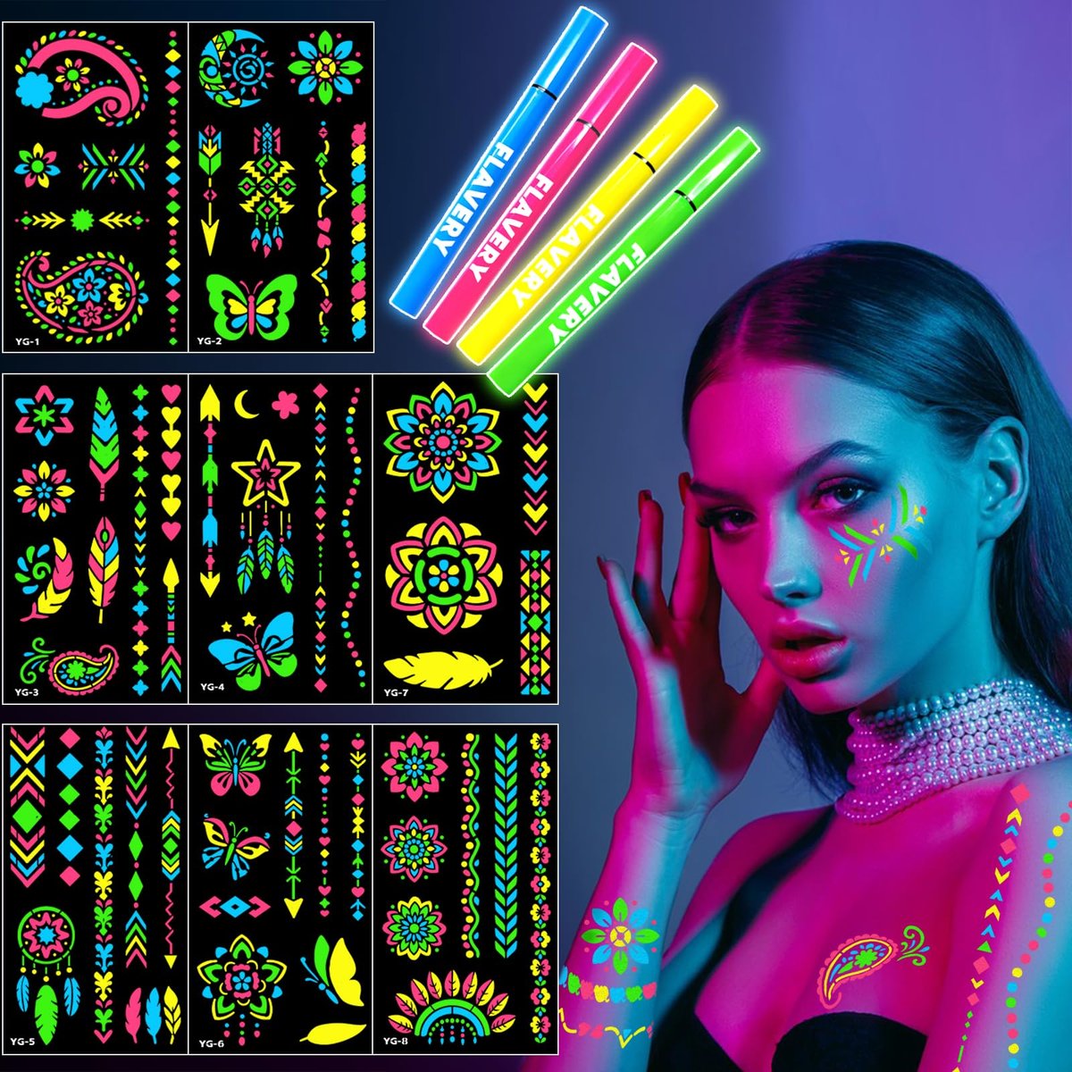Im Dunkeln leuchtende Gesichtsfarbmarker, UV Neon Körperfarbe, 4 Farben + 57 Schablonen für Mandala Blumen Bohemia, wasserlöslich für Erwachsene, Teenager, Kinder – Partys, Nachtclubs, Geburtstage, Festivals, Neujahr