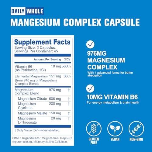 DailyWhole Magnesium Glycinat 4-in-1 Komplex für Frauen – 976 mg Magnesium mit Glycinat, Citrat, Malat, L-Threonat & Vitamin B6 – Laborgeprüft, glutenfrei, nicht-GVO, leicht zu schlucken