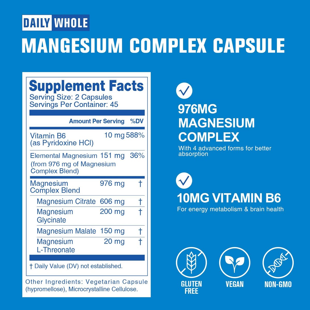 DailyWhole Magnesium Glycinat 4-in-1 Komplex für Frauen – 976 mg Magnesium mit Glycinat, Citrat, Malat, L-Threonat & Vitamin B6 – Laborgeprüft, glutenfrei, nicht-GVO, leicht zu schlucken