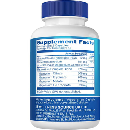 DailyWhole Magnesium Glycinat 4-in-1 Komplex für Frauen – 976 mg Magnesium mit Glycinat, Citrat, Malat, L-Threonat & Vitamin B6 – Laborgeprüft, glutenfrei, nicht-GVO, leicht zu schlucken