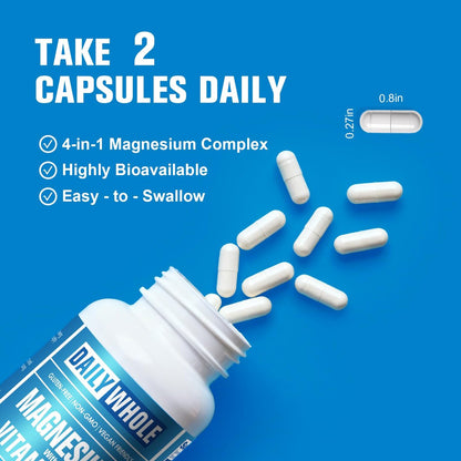 DailyWhole Magnesium Glycinat 4-in-1 Komplex für Frauen – 976 mg Magnesium mit Glycinat, Citrat, Malat, L-Threonat & Vitamin B6 – Laborgeprüft, glutenfrei, nicht-GVO, leicht zu schlucken