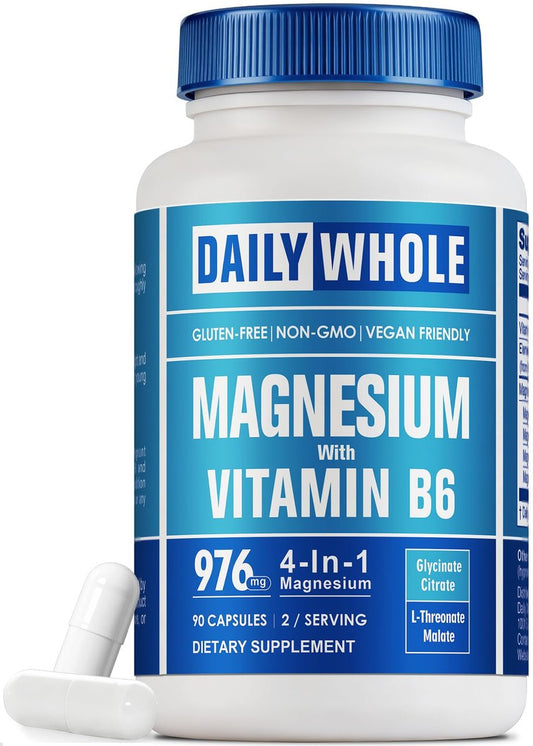 DailyWhole Magnesium Glycinat 4-in-1 Komplex für Frauen – 976 mg Magnesium mit Glycinat, Citrat, Malat, L-Threonat & Vitamin B6 – Laborgeprüft, glutenfrei, nicht-GVO, leicht zu schlucken