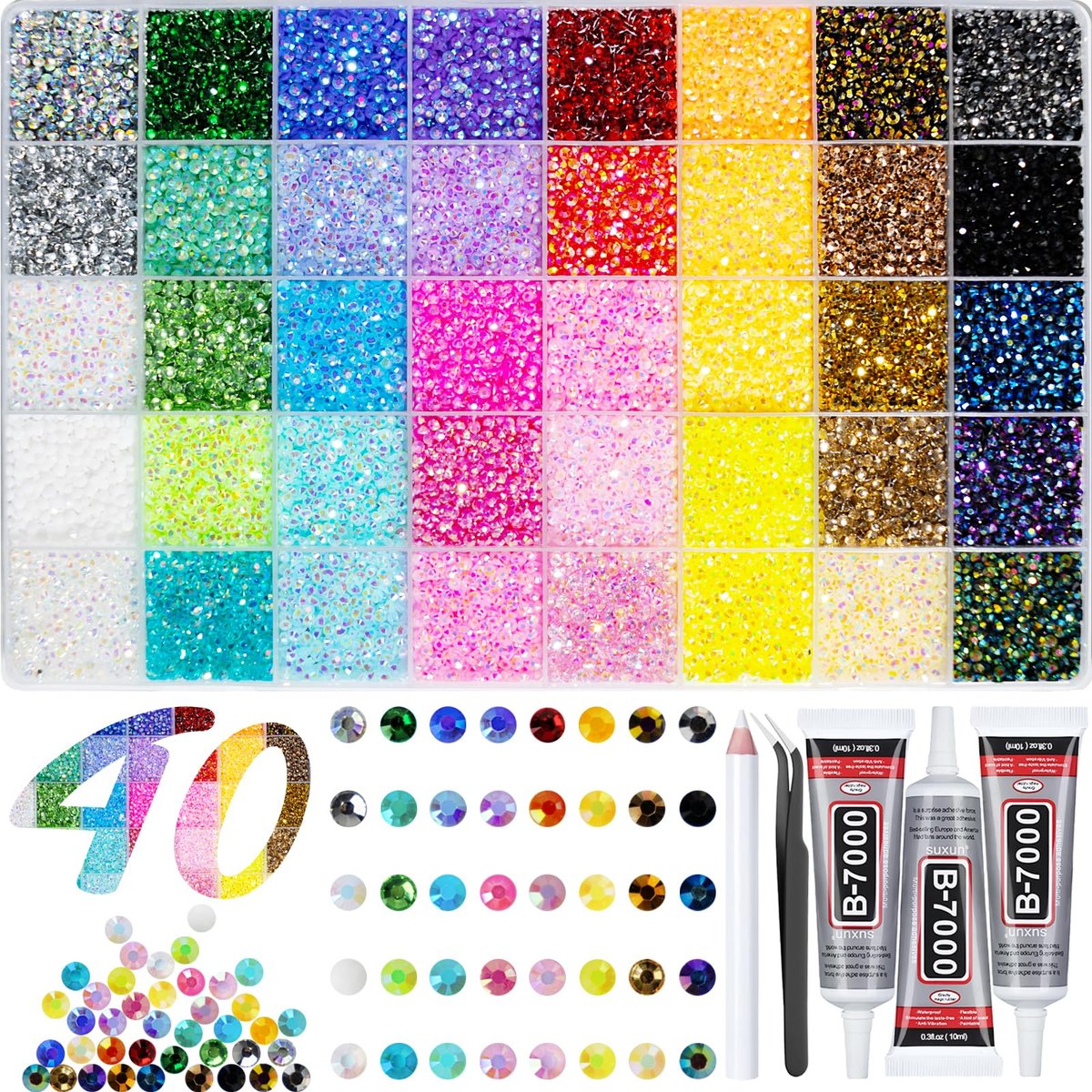 40000+ Resin Jelly Strasssteine zum Bedazzling, 3mm Multicolor Flache Rückseite Edelsteine Bedazzler Set mit 3x 10ml B7000 Schmuckkleber, Bunte Bulk Juwelen für Bücher Schuhe Handarbeiten Tumblers Nagelkunst DIY