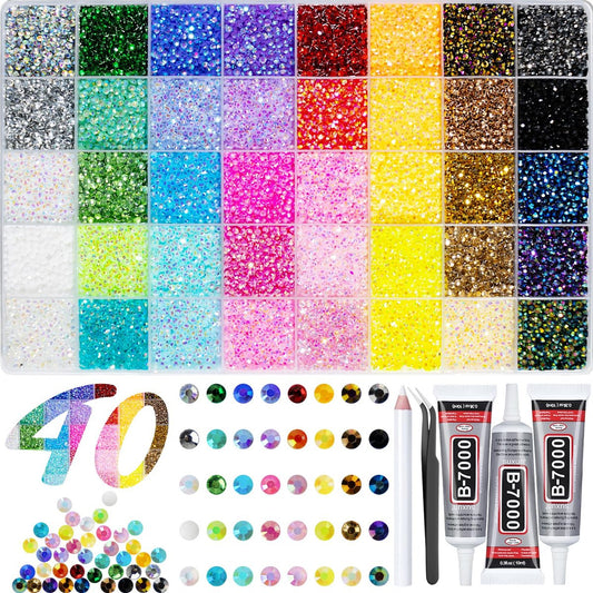 40000+ Resin Jelly Strasssteine zum Bedazzling, 3mm Multicolor Flache Rückseite Edelsteine Bedazzler Set mit 3x 10ml B7000 Schmuckkleber, Bunte Bulk Juwelen für Bücher Schuhe Handarbeiten Tumblers Nagelkunst DIY