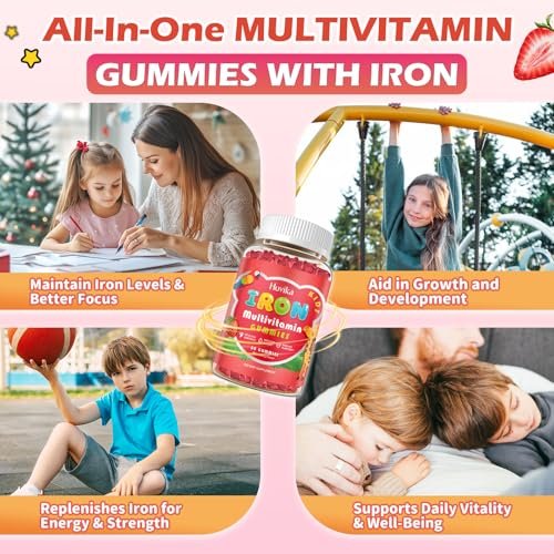 Eisen Gummibärchen für Kinder mit Multivitamin, Calcium, Zink, Folsäure - Unterstützt Immunsystem, Blutbildung, Energie - Vegan, Erdbeer, 60 Stück