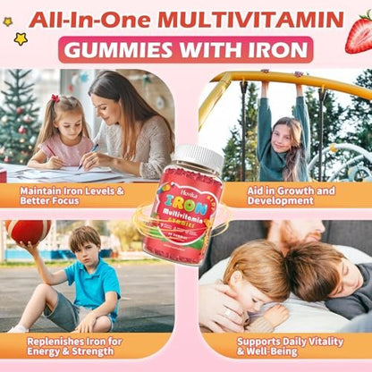 Eisen Gummibärchen für Kinder mit Multivitamin, Calcium, Zink, Folsäure - Unterstützt Immunsystem, Blutbildung, Energie - Vegan, Erdbeer, 60 Stück