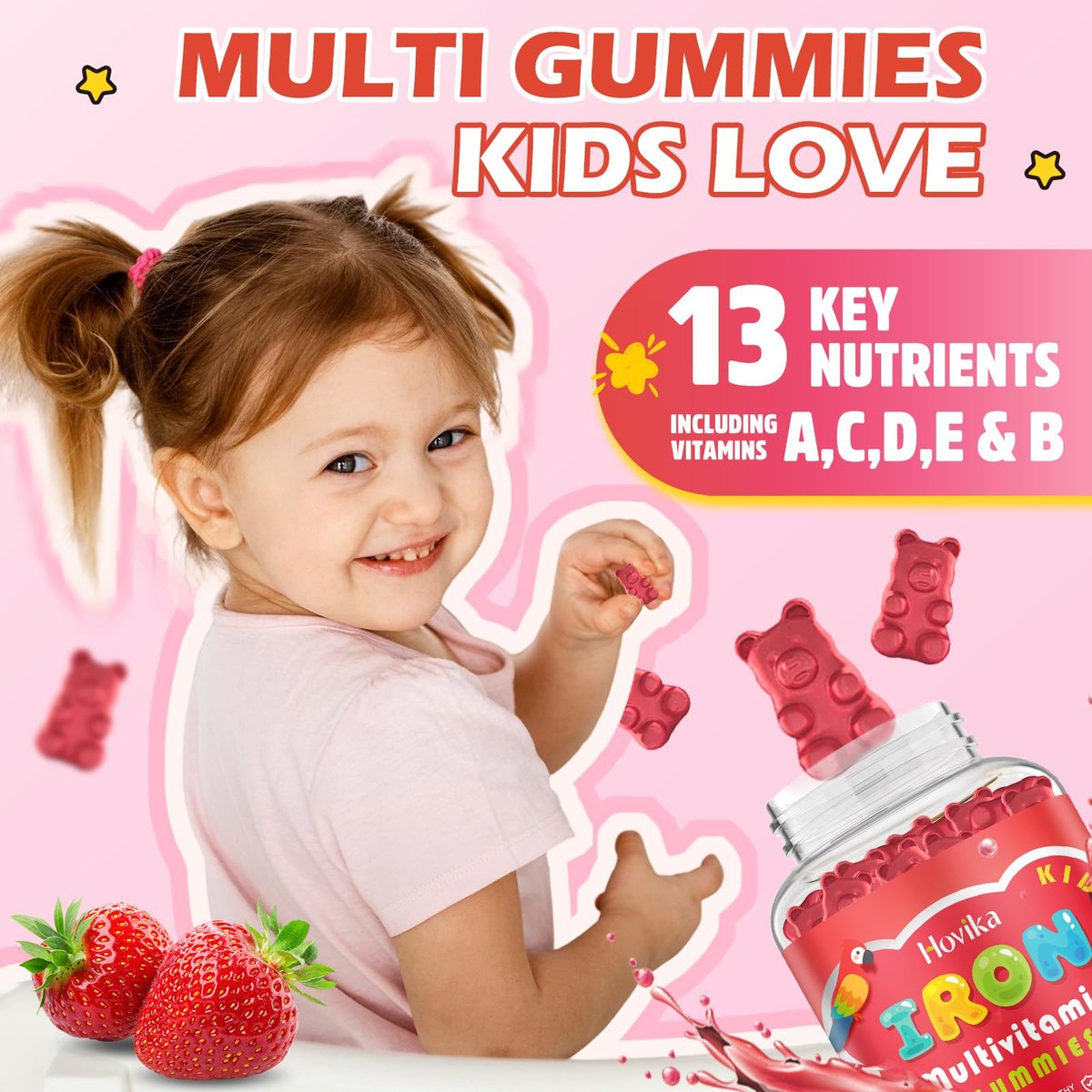 Eisen Gummibärchen für Kinder mit Multivitamin, Calcium, Zink, Folsäure - Unterstützt Immunsystem, Blutbildung, Energie - Vegan, Erdbeer, 60 Stück