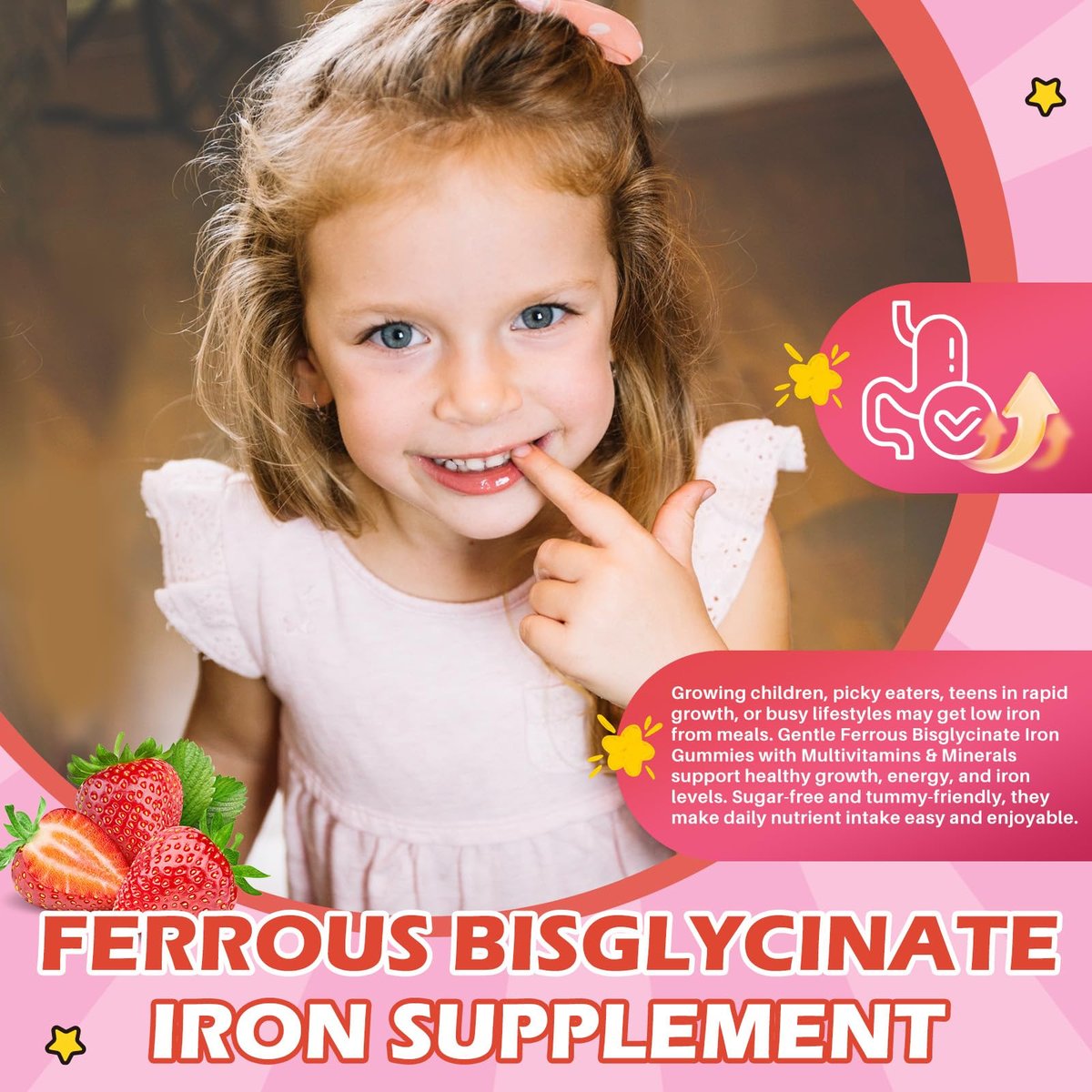 Eisen Gummibärchen für Kinder mit Multivitamin, Calcium, Zink, Folsäure - Unterstützt Immunsystem, Blutbildung, Energie - Vegan, Erdbeer, 60 Stück