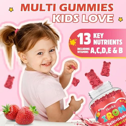 Eisen Gummibärchen für Kinder mit Multivitamin, Calcium, Zink, Folsäure - Unterstützt Immunsystem, Blutbildung, Energie - Vegan, Erdbeer, 60 Stück