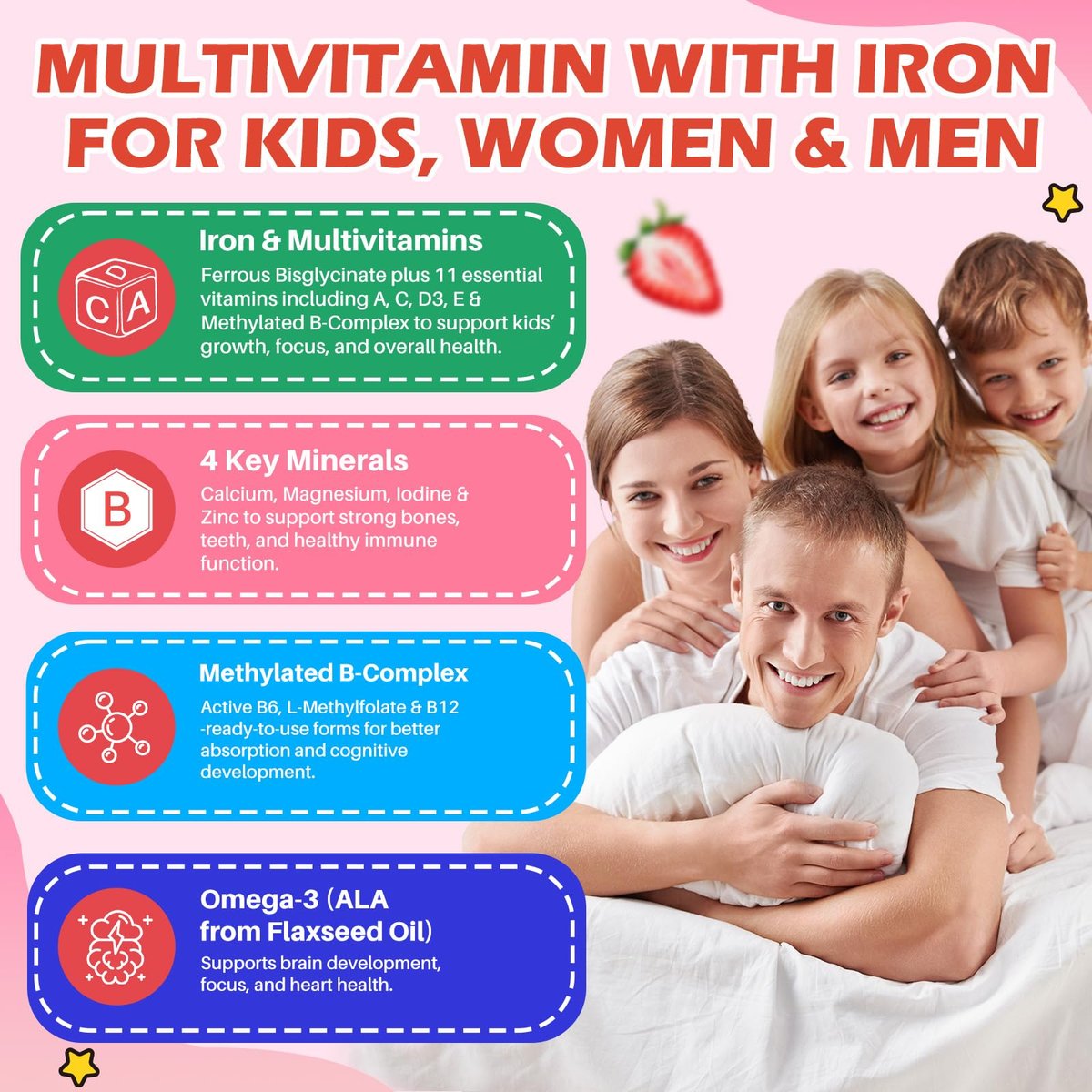 Eisen Gummibärchen für Kinder mit Multivitamin, Calcium, Zink, Folsäure - Unterstützt Immunsystem, Blutbildung, Energie - Vegan, Erdbeer, 60 Stück