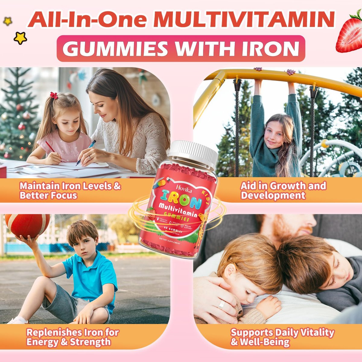 Eisen Gummibärchen für Kinder mit Multivitamin, Calcium, Zink, Folsäure - Unterstützt Immunsystem, Blutbildung, Energie - Vegan, Erdbeer, 60 Stück