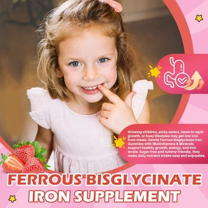 Eisen Gummibärchen für Kinder mit Multivitamin, Calcium, Zink, Folsäure - Unterstützt Immunsystem, Blutbildung, Energie - Vegan, Erdbeer, 60 Stück