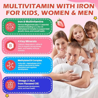 Eisen Gummibärchen für Kinder mit Multivitamin, Calcium, Zink, Folsäure - Unterstützt Immunsystem, Blutbildung, Energie - Vegan, Erdbeer, 60 Stück