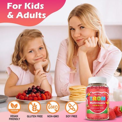 Eisen Gummibärchen für Kinder mit Multivitamin, Calcium, Zink, Folsäure - Unterstützt Immunsystem, Blutbildung, Energie - Vegan, Erdbeer, 60 Stück