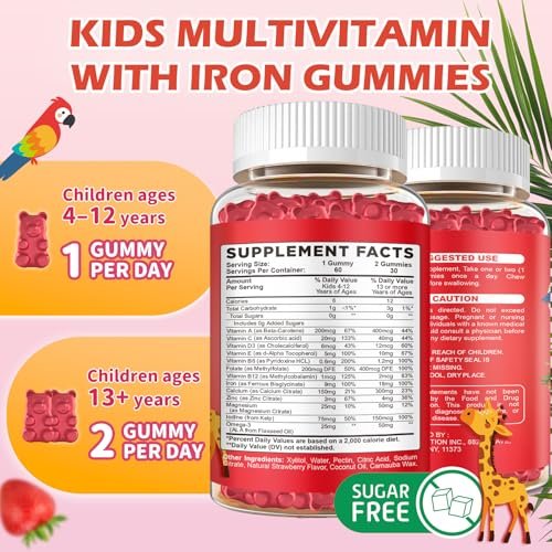 Eisen Gummibärchen für Kinder mit Multivitamin, Calcium, Zink, Folsäure - Unterstützt Immunsystem, Blutbildung, Energie - Vegan, Erdbeer, 60 Stück