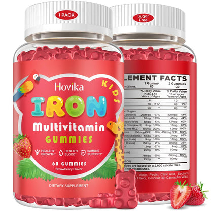 Eisen Gummibärchen für Kinder mit Multivitamin, Calcium, Zink, Folsäure - Unterstützt Immunsystem, Blutbildung, Energie - Vegan, Erdbeer, 60 Stück