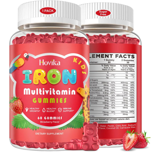 Eisen Gummibärchen für Kinder mit Multivitamin, Calcium, Zink, Folsäure - Unterstützt Immunsystem, Blutbildung, Energie - Vegan, Erdbeer, 60 Stück