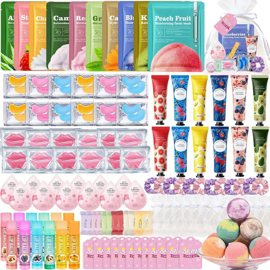 132-teiliges Spa-Party-Set für Frauen – Gesichtsmasken, Lippenmasken, Augenmasken, Handcreme, Lippenbalsam, Badebomben – Perfekt für Geburtstage und Übernachtungspartys