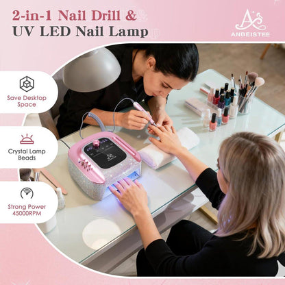 ANBEISTEE 2-in-1 Nagelbohrer & UV-LED-Nagellampe, professioneller wiederaufladbarer elektrischer Nagelbohrer 45000 U/min, Nagelfräser, schnelle Nageltrocknungs- und Aushärtungslampe, für Salon und Zuhause