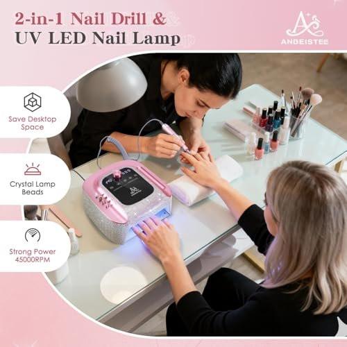 ANBEISTEE 2-in-1 Nagelbohrer & UV-LED-Nagellampe, professioneller wiederaufladbarer elektrischer Nagelbohrer 45000 U/min, Nagelfräser, schnelle Nageltrocknungs- und Aushärtungslampe, für Salon und Zuhause