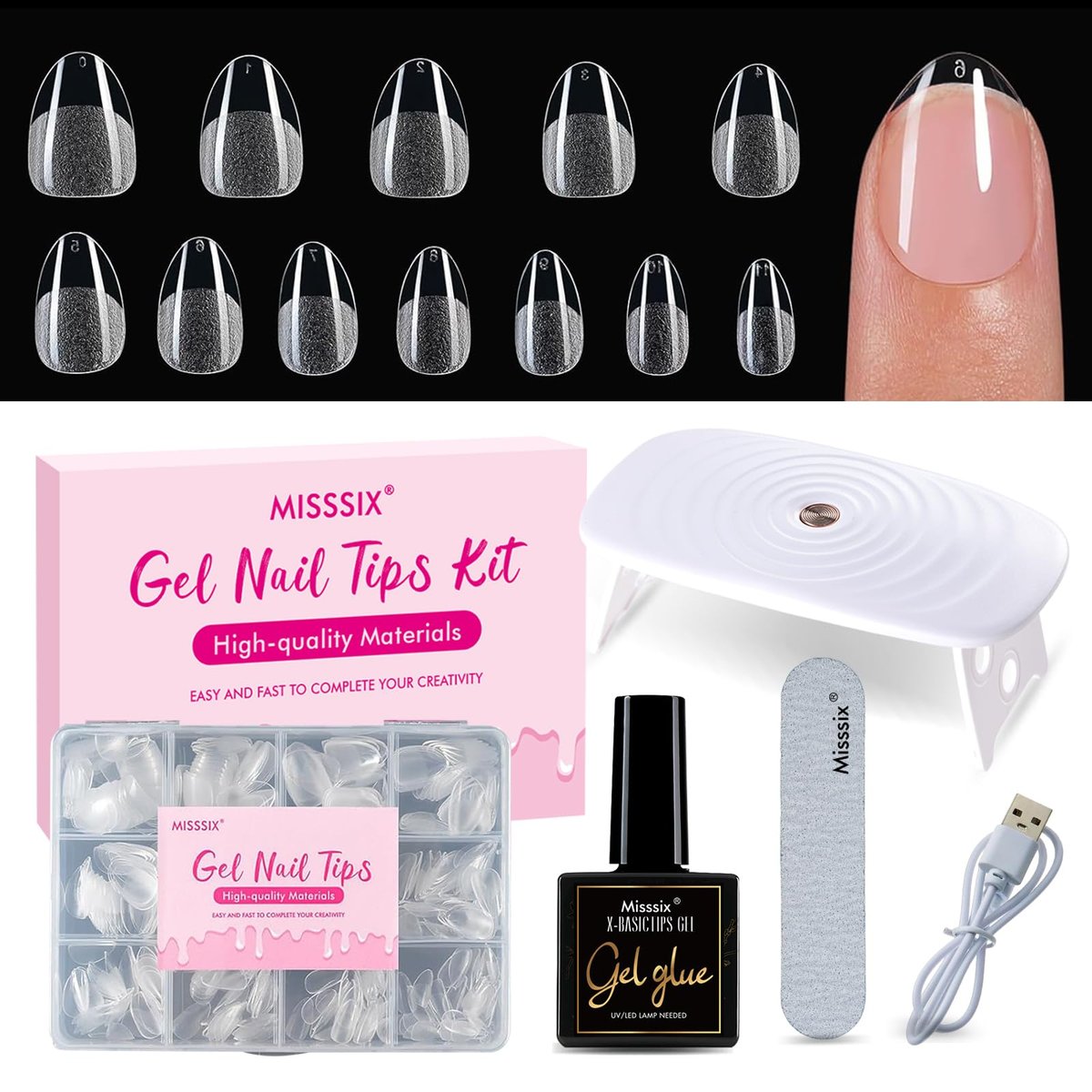 Misssix Extra Short Almond Gel Nail Tips Kit, 360 Stück vorgeschliffene klare Gel-X-Falschnägel, Full-Cover-Falschnägel, 9-in-1-Gelkleber und tragbare Mini-UV-Nagellampe für Frauen, 12 Größen