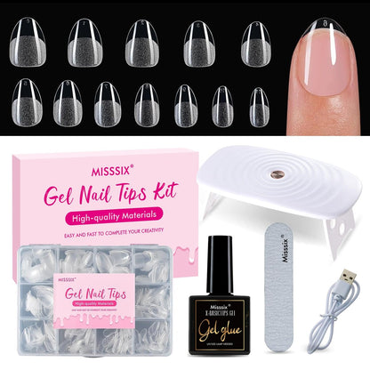 Misssix Extra Short Almond Gel Nail Tips Kit, 360 Stück vorgeschliffene klare Gel-X-Falschnägel, Full-Cover-Falschnägel, 9-in-1-Gelkleber und tragbare Mini-UV-Nagellampe für Frauen, 12 Größen