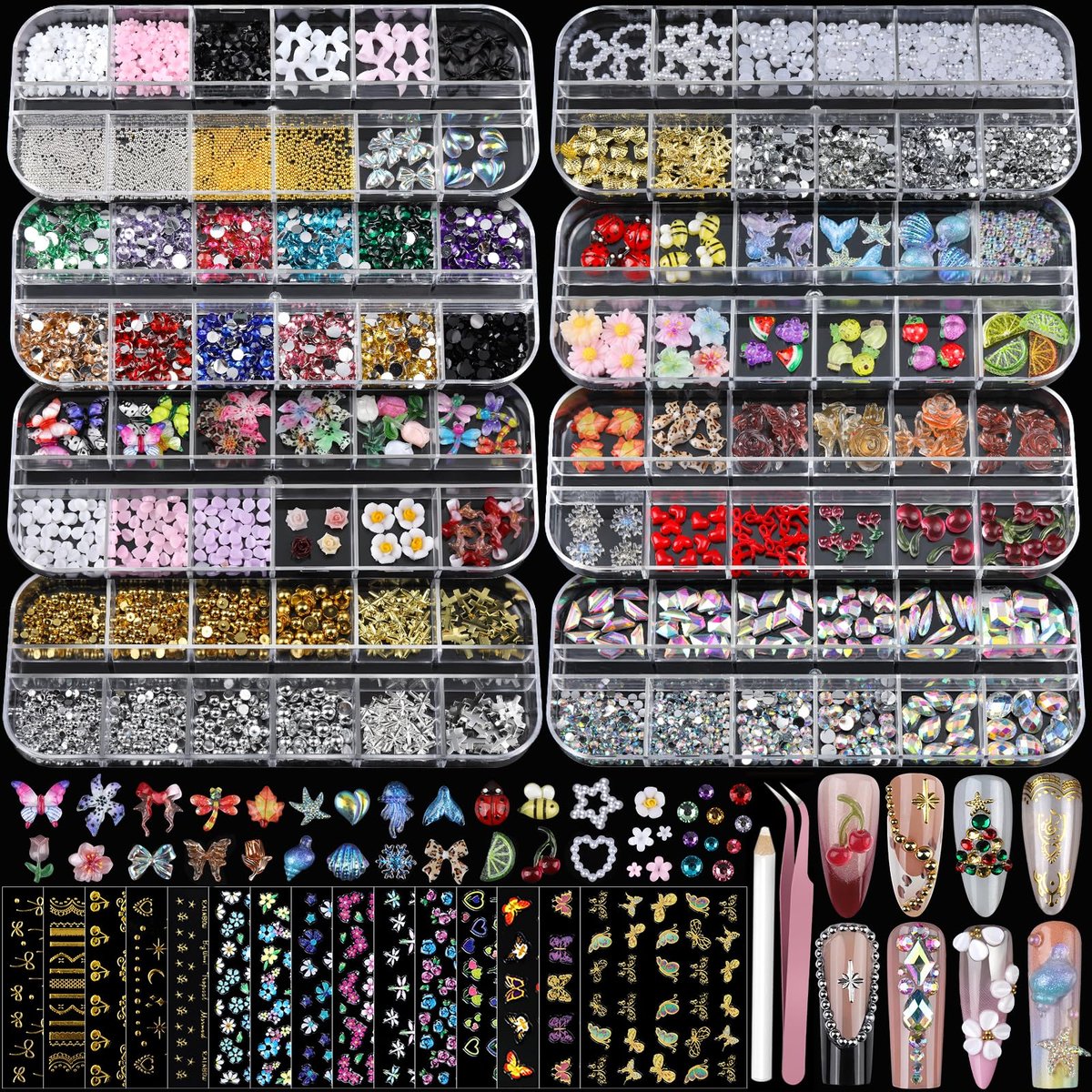 Teentior Nagelverzierungen mit Strasssteinen - 8 Boxen Nagelaufkleber, Goldene Strasssteine, Perlen für Nägel, 3D Nagelkunst-Set für Frauen