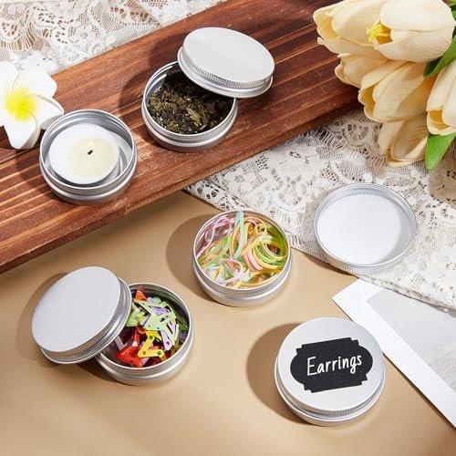 INTERWARM 99er Set runde Blechdosen, 1 oz/30 ml Aluminiumbehälter mit Schraubdeckel, kleine Dosen mit 5 Etikettenbögen, Reise-Kosmetikbehälter für Lippenbalsam, Lotionbars, Kerzen, Weihnachten (Silber)