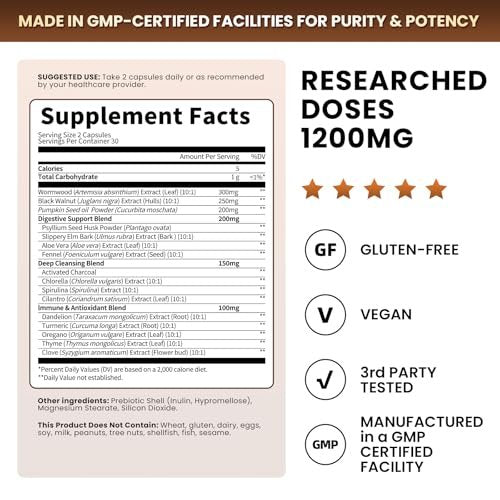 Lukaree Wermut Schwarznuss Reinigung für Menschen 1200mg – Ultimative Darmreinigung & Verdauungsgesundheit mit Kürbiskernöl, Nelke, Aktivkohle – Probiotische Kapseln für Männer & Frauen – Vegan, 60 Stück