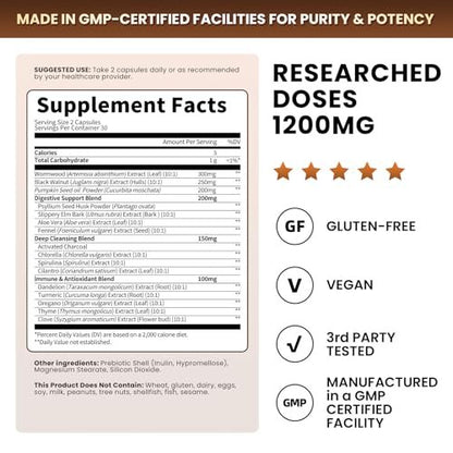 Lukaree Wermut Schwarznuss Reinigung für Menschen 1200mg – Ultimative Darmreinigung & Verdauungsgesundheit mit Kürbiskernöl, Nelke, Aktivkohle – Probiotische Kapseln für Männer & Frauen – Vegan, 60 Stück
