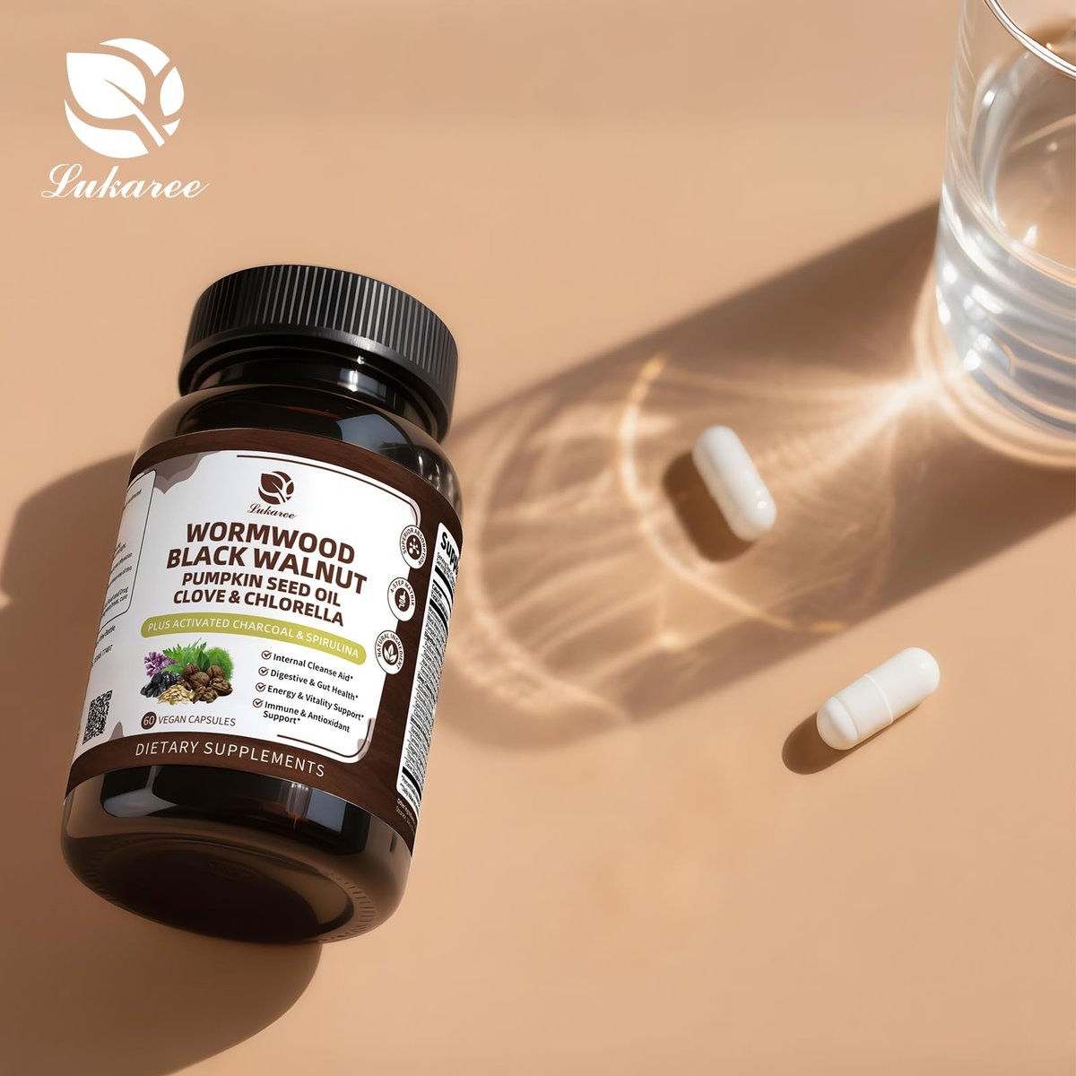 Lukaree Wermut Schwarznuss Reinigung für Menschen 1200mg – Ultimative Darmreinigung & Verdauungsgesundheit mit Kürbiskernöl, Nelke, Aktivkohle – Probiotische Kapseln für Männer & Frauen – Vegan, 60 Stück